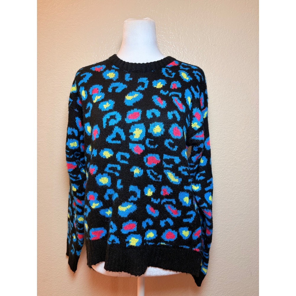 Y2K Scene Joe Boxer Neon Leopard Print Crewneck Sweater Black Blue Pink #11